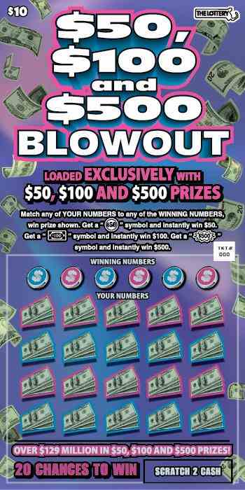 $50, $100 And $500 Blowout scratchcard - game number #477 - front