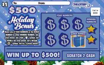 $500 HOLIDAY BONUS scratchcard - game number #376 - front