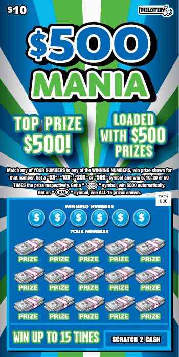 $500 Mania scratchcard - game number #513 - front