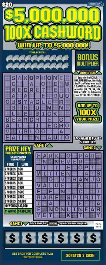 $5,000,000 100X CASHWORD 2024 scratchcard - game number #438 - front