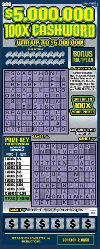 $5,000,000 100X Cashword scratchcard - game number #523 - front
