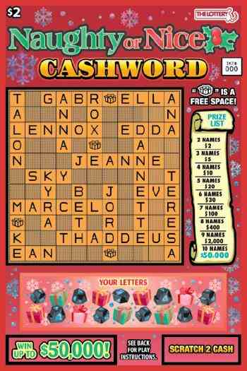 Naughty Or Nice Cashword scratchcard - game number #464 - front