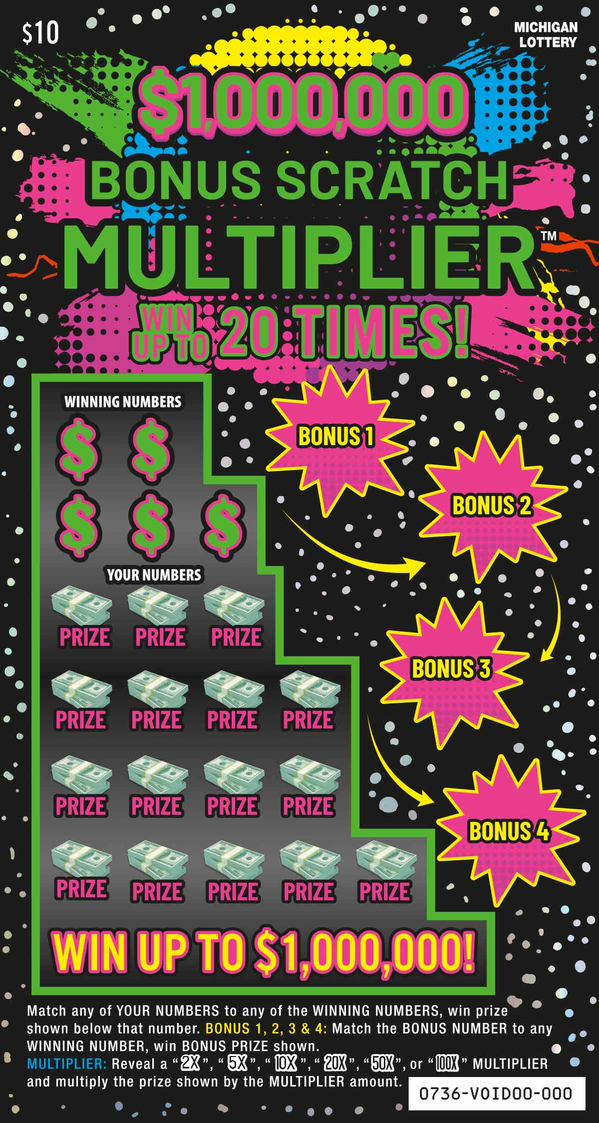 $1,000,000 Bonus Scratch Multiplier scratchcard - game number #736 - front