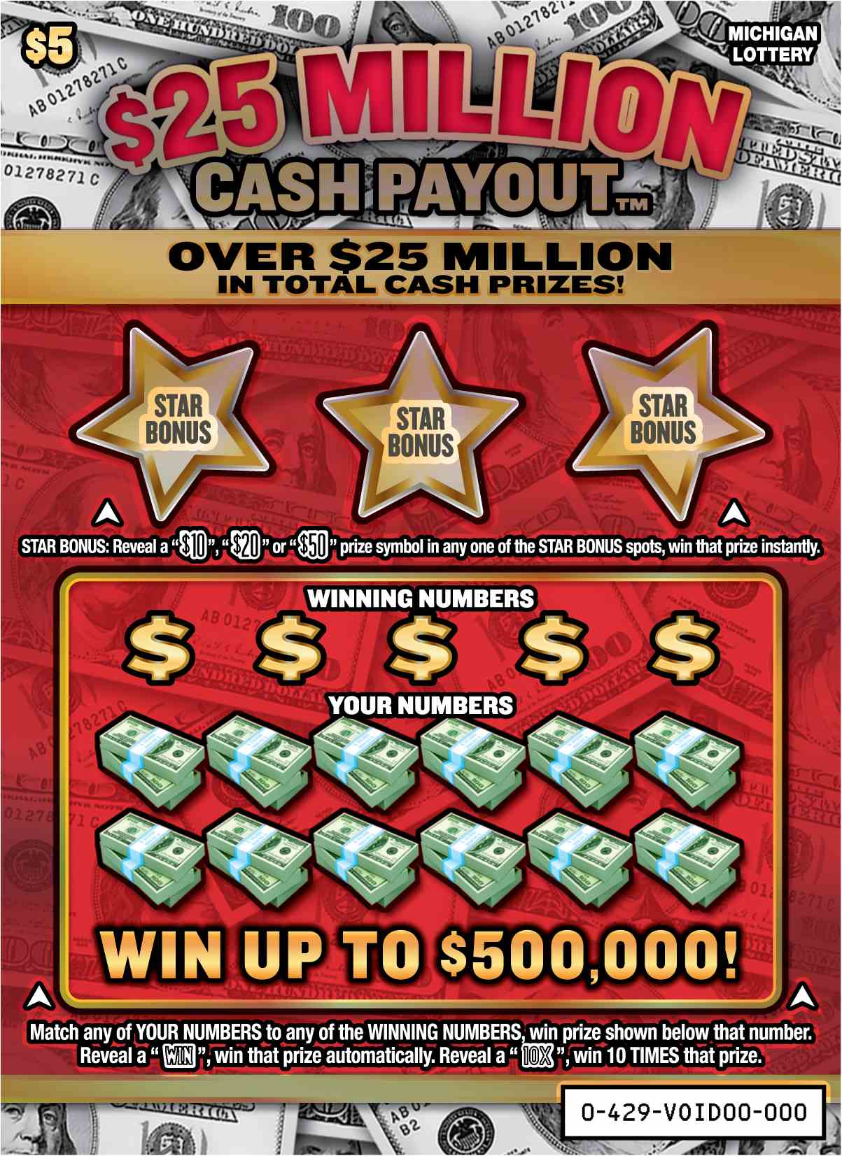 $25 Million Cash Payout scratchcard - game number #429 - front