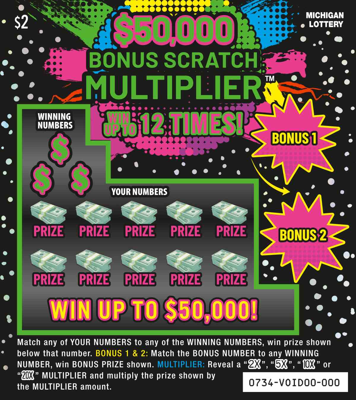 $50,000 Bonus Scratch Multiplier scratchcard - game number #734 - front