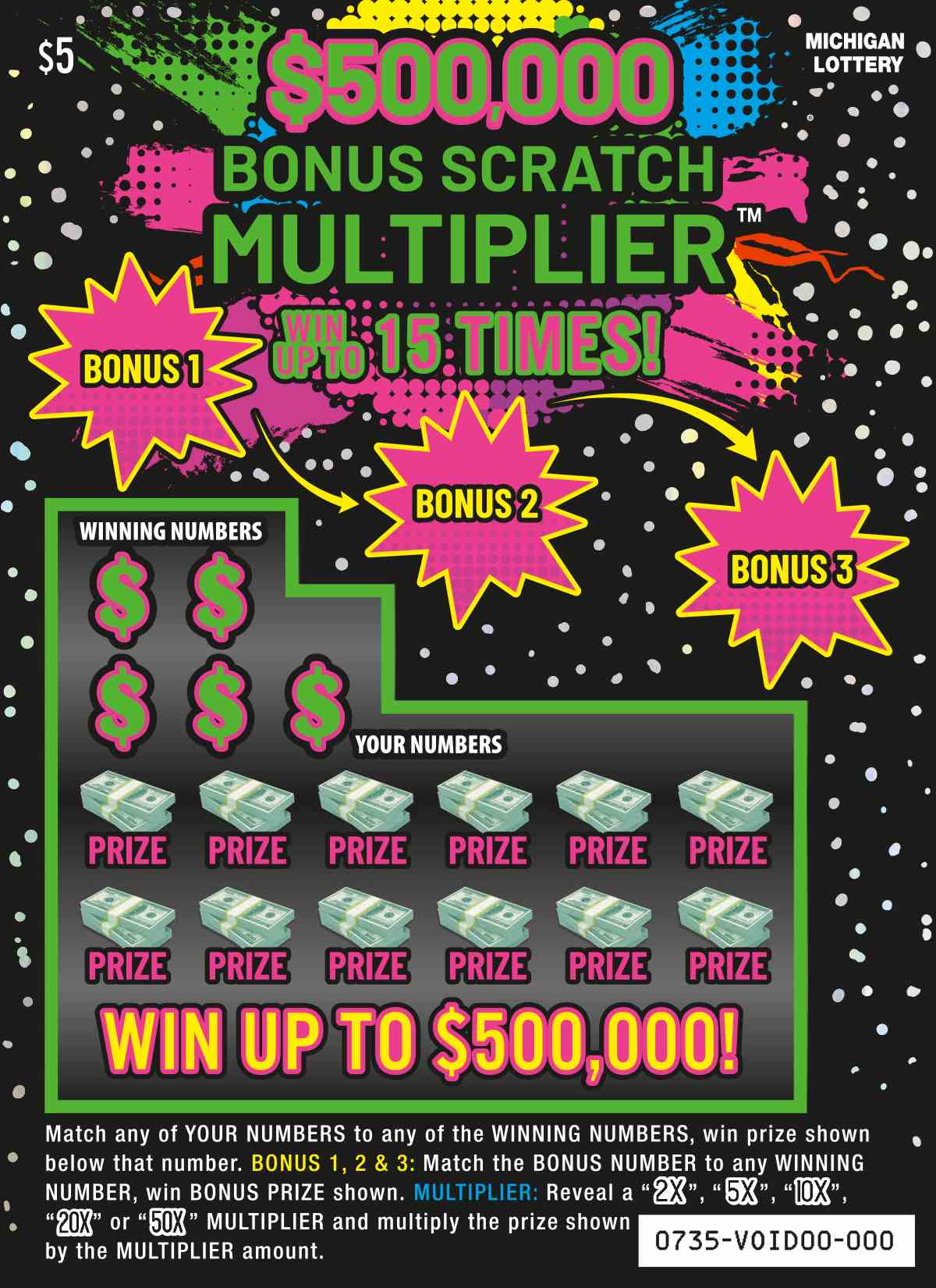 $500,000 Bonus Scratch Multiplier scratchcard - game number #735 - front