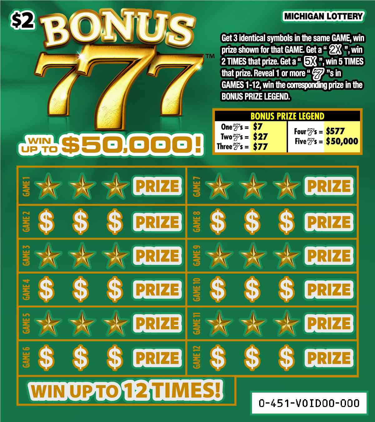 Bonus 777 scratchcard - game number #451 - front