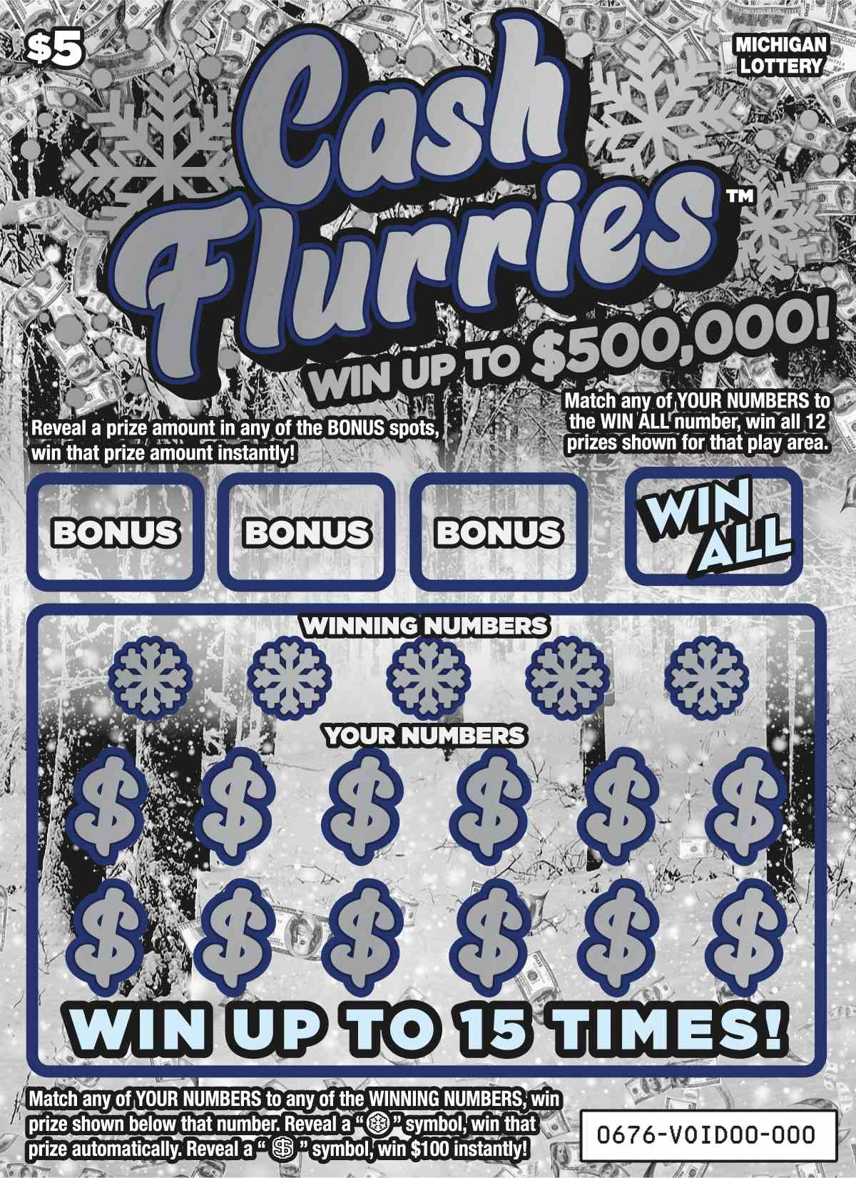 Cash Flurries scratchcard - game number #676 - front