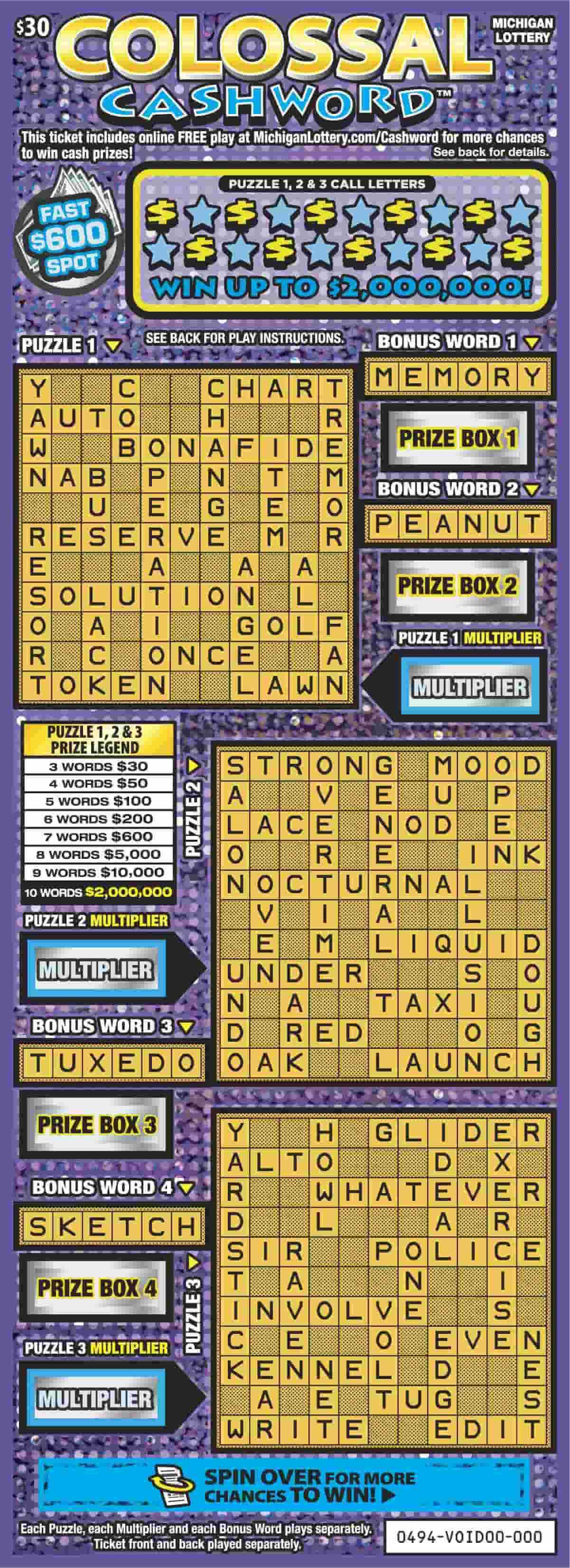 Colossal Cashword scratchcard - game number #494 - front