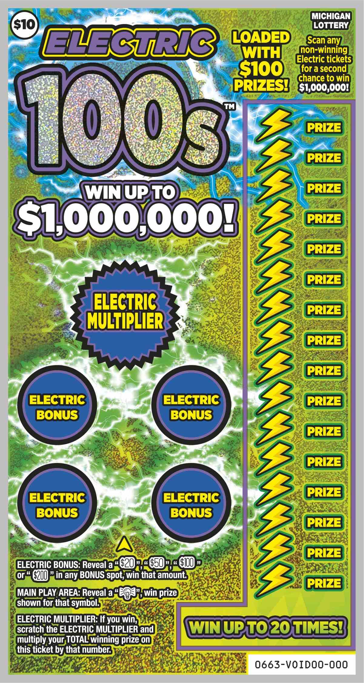 Electric 100s scratchcard - game number #663 - front