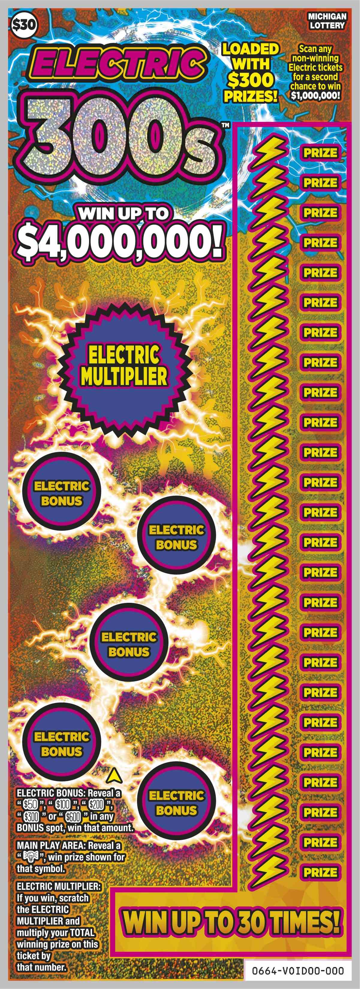 Electric 300s scratchcard - game number #664 - front
