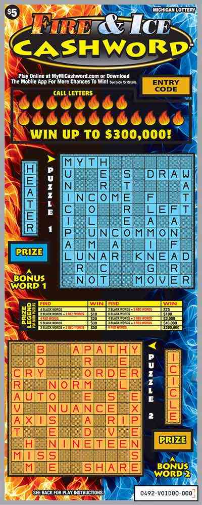 Fire & Ice Cashword scratchcard - game number #492 - front