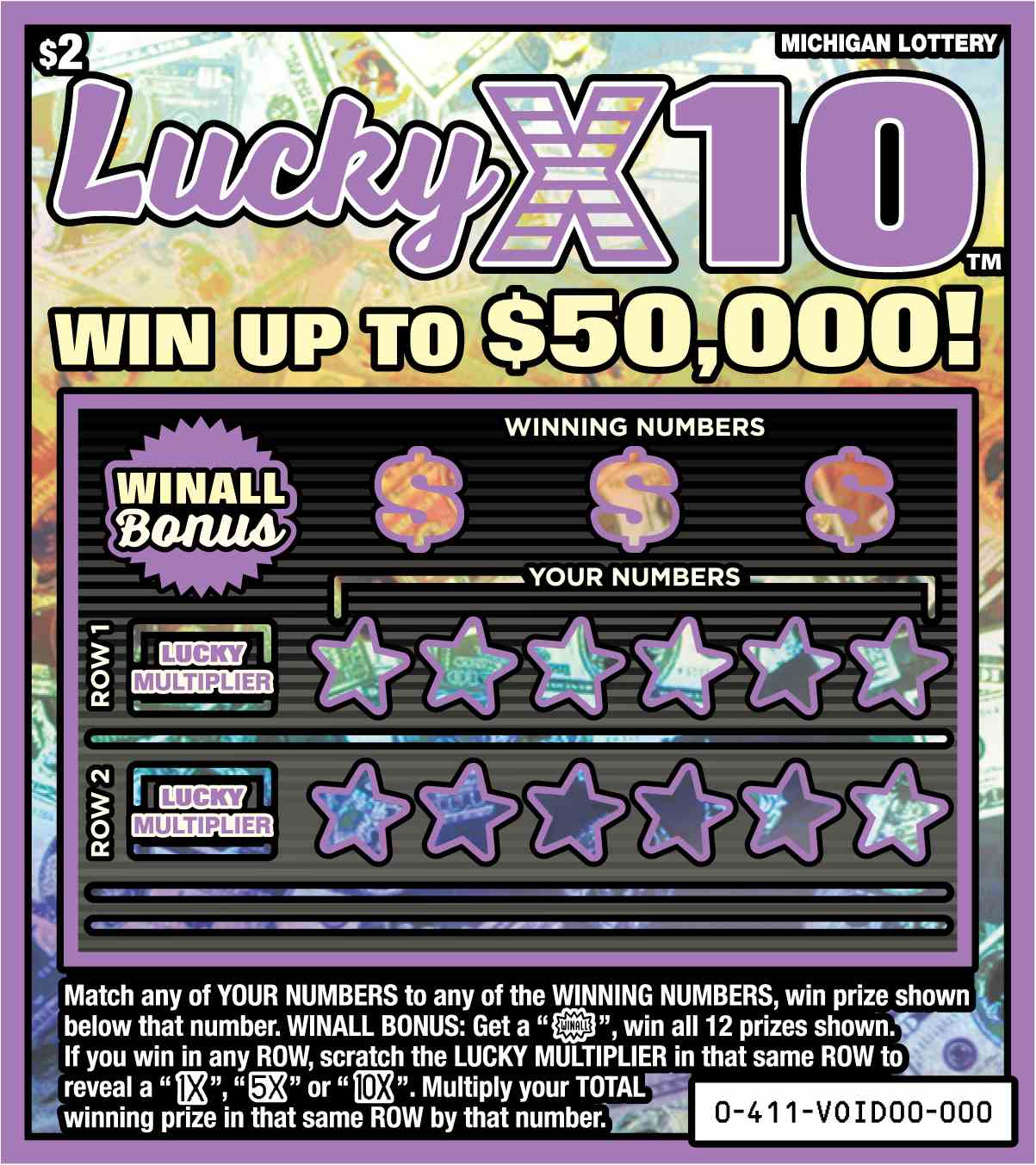 Lucky X10 scratchcard - game number #411 - front