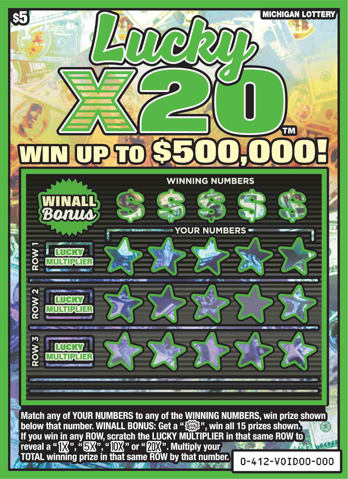 Lucky X20 scratchcard - game number #412 - front