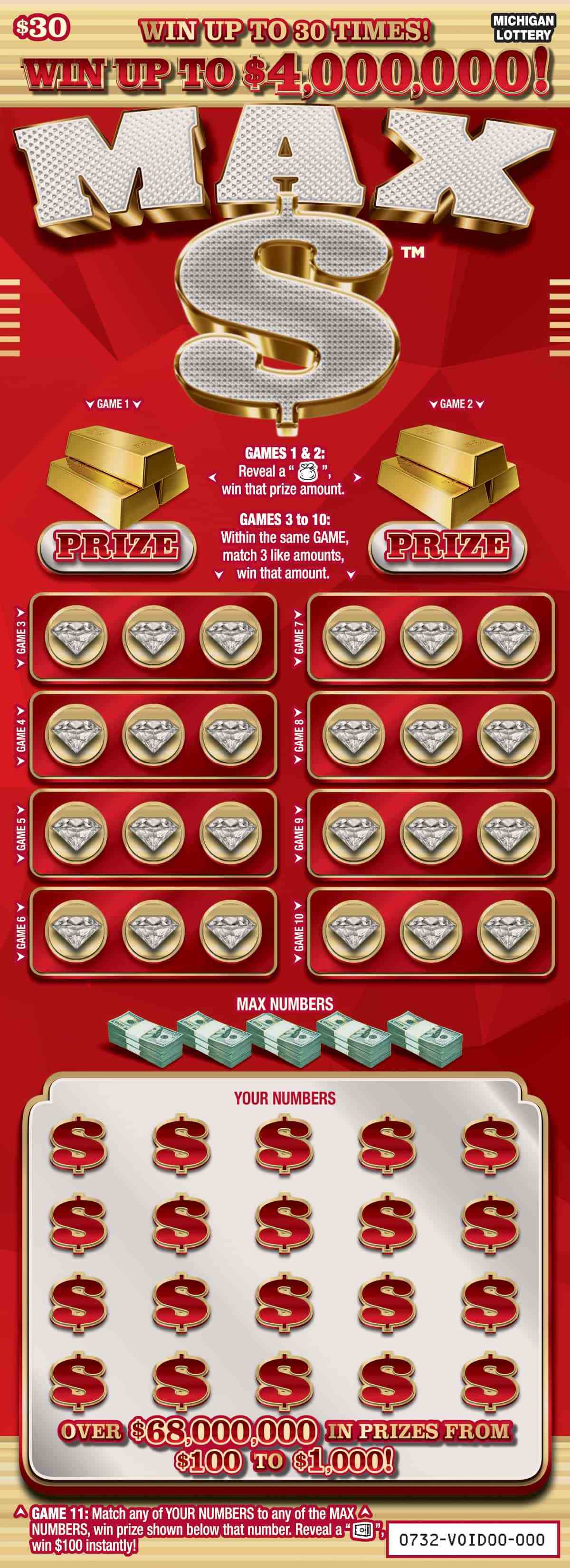 Max $ scratchcard - game number #732 - front