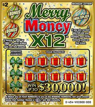 Merry Money X12 scratchcard - game number #454 - front