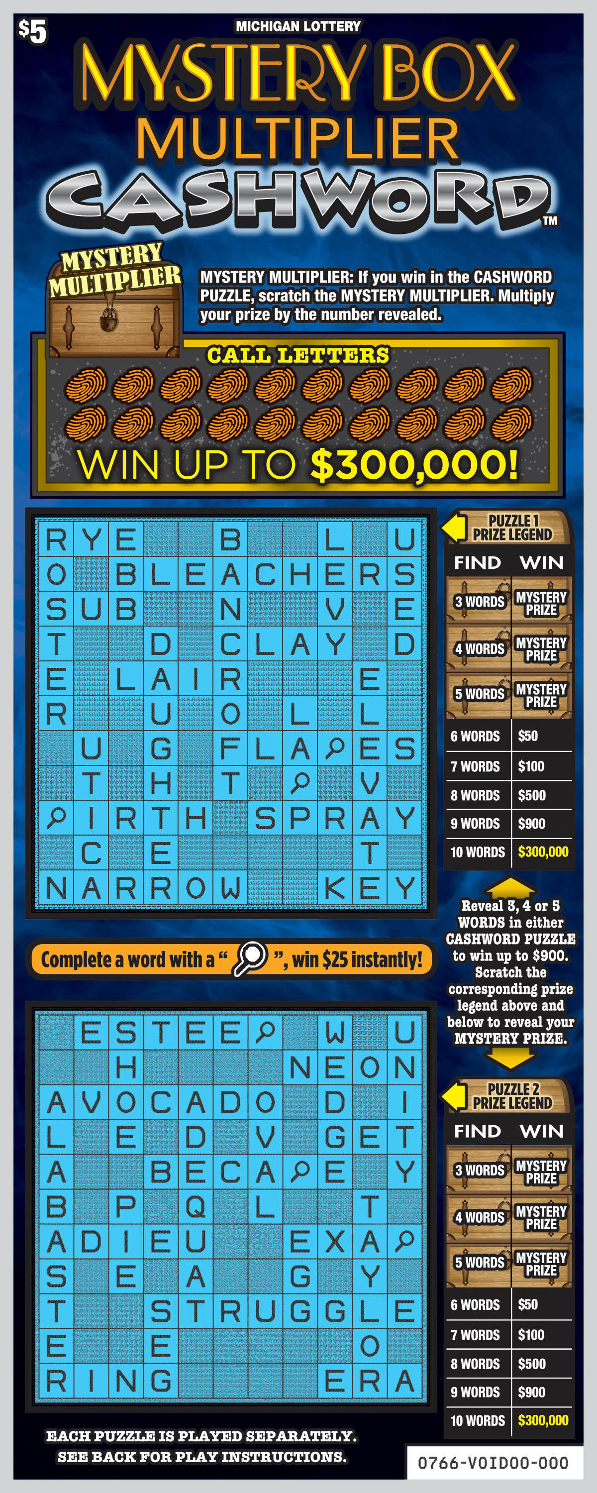 Mystery Box Multiplier Cashword scratchcard - game number #766 - front