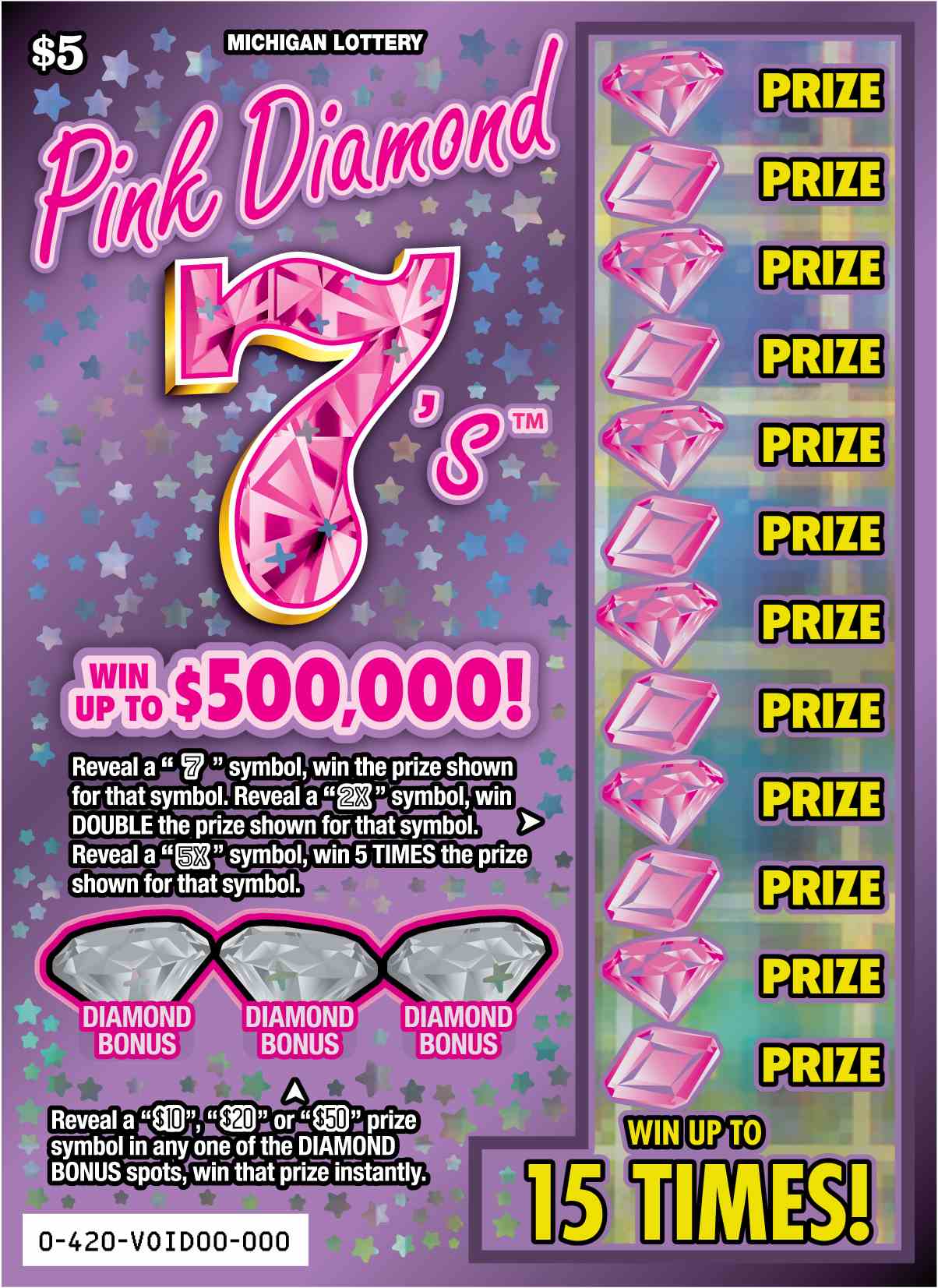 Pink Diamond 7’s scratchcard - game number #420 - front