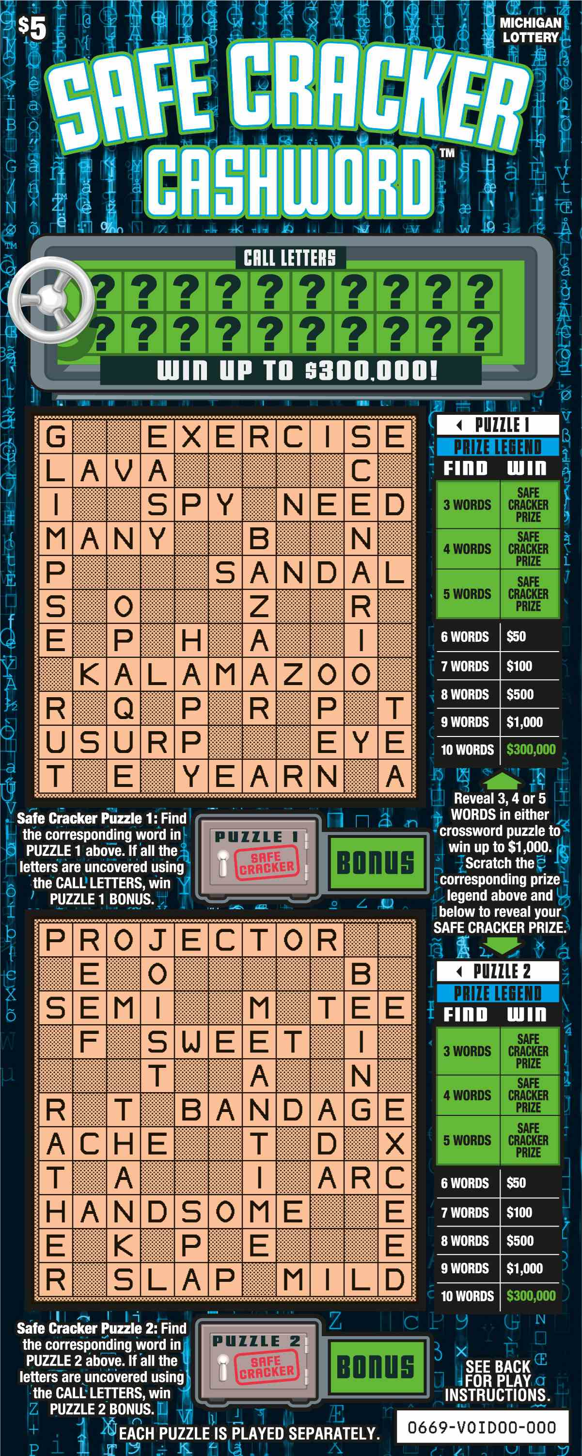 Safe Cracker Cashword scratchcard - game number #669 - front