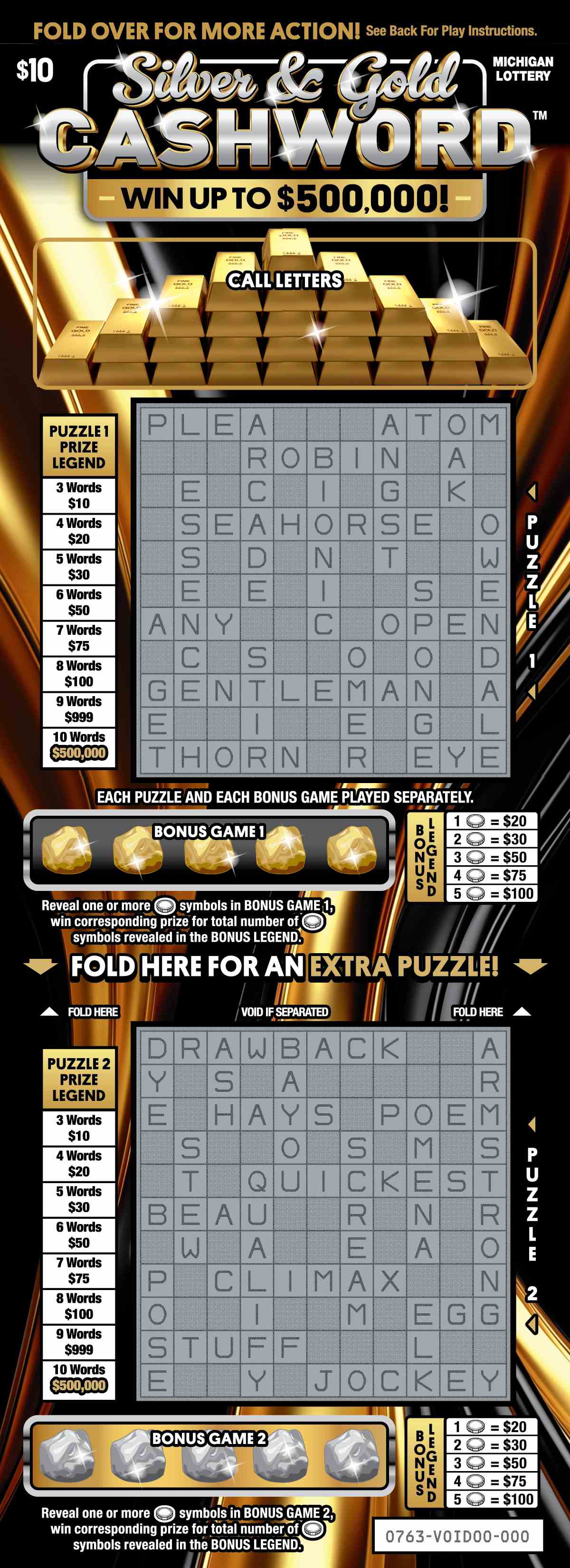 Silver & Gold Cashword scratchcard - game number #763 - front