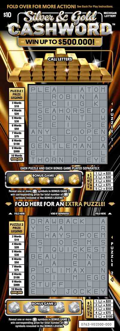 Silver & Gold Cashword scratchcard - game number #763 - front