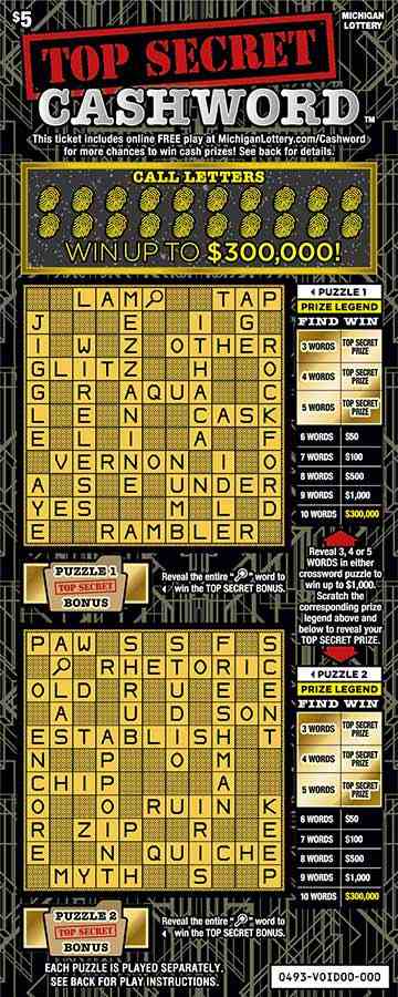 Top Secret Cashword scratchcard - game number #493 - front