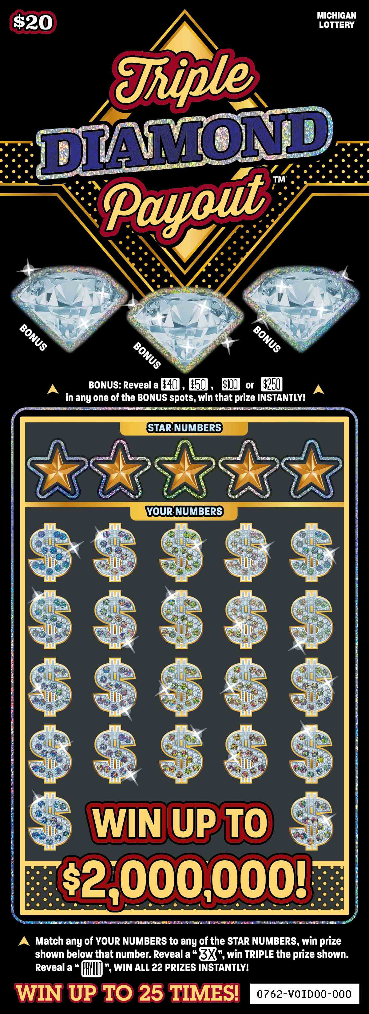 Triple Diamond Payout scratchcard - game number #762 - front