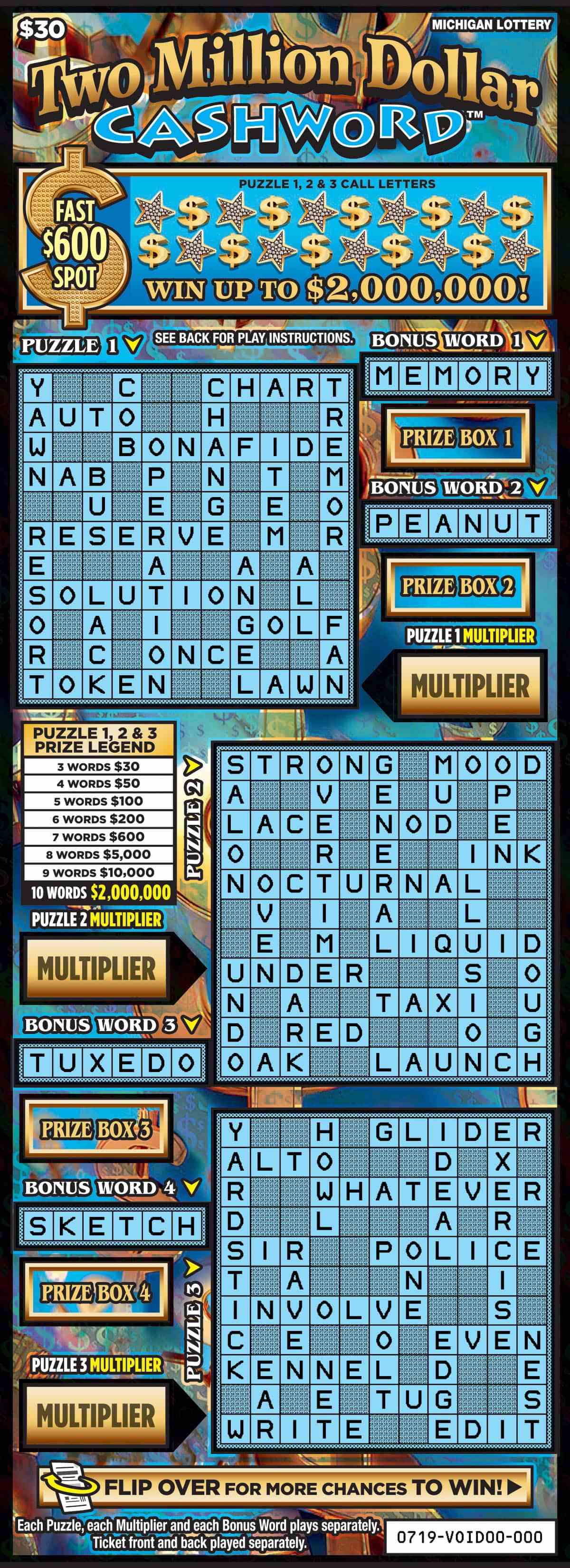 Two Million Dollar Cashword scratchcard - game number #719 - front