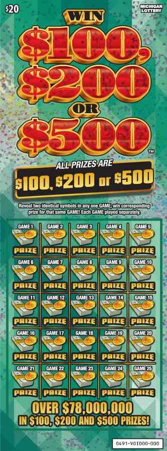 Win $100, $200 or $500 scratchcard - game number #491 - front