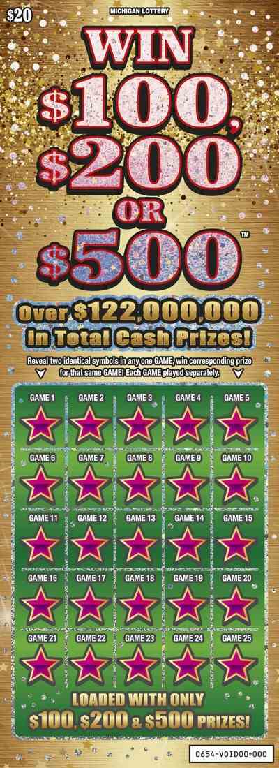 Win $100, $200 or $500 scratchcard - game number #654 - front