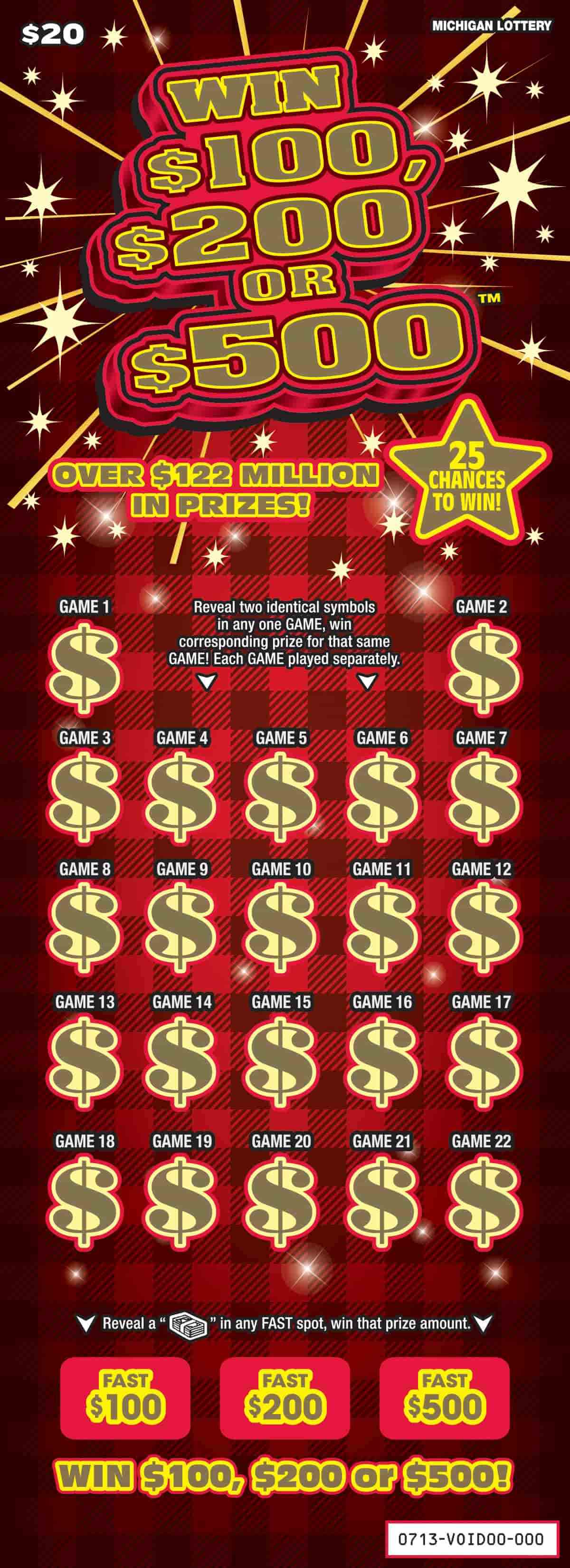 Win $100, $200 or $500 scratchcard - game number #713 - front