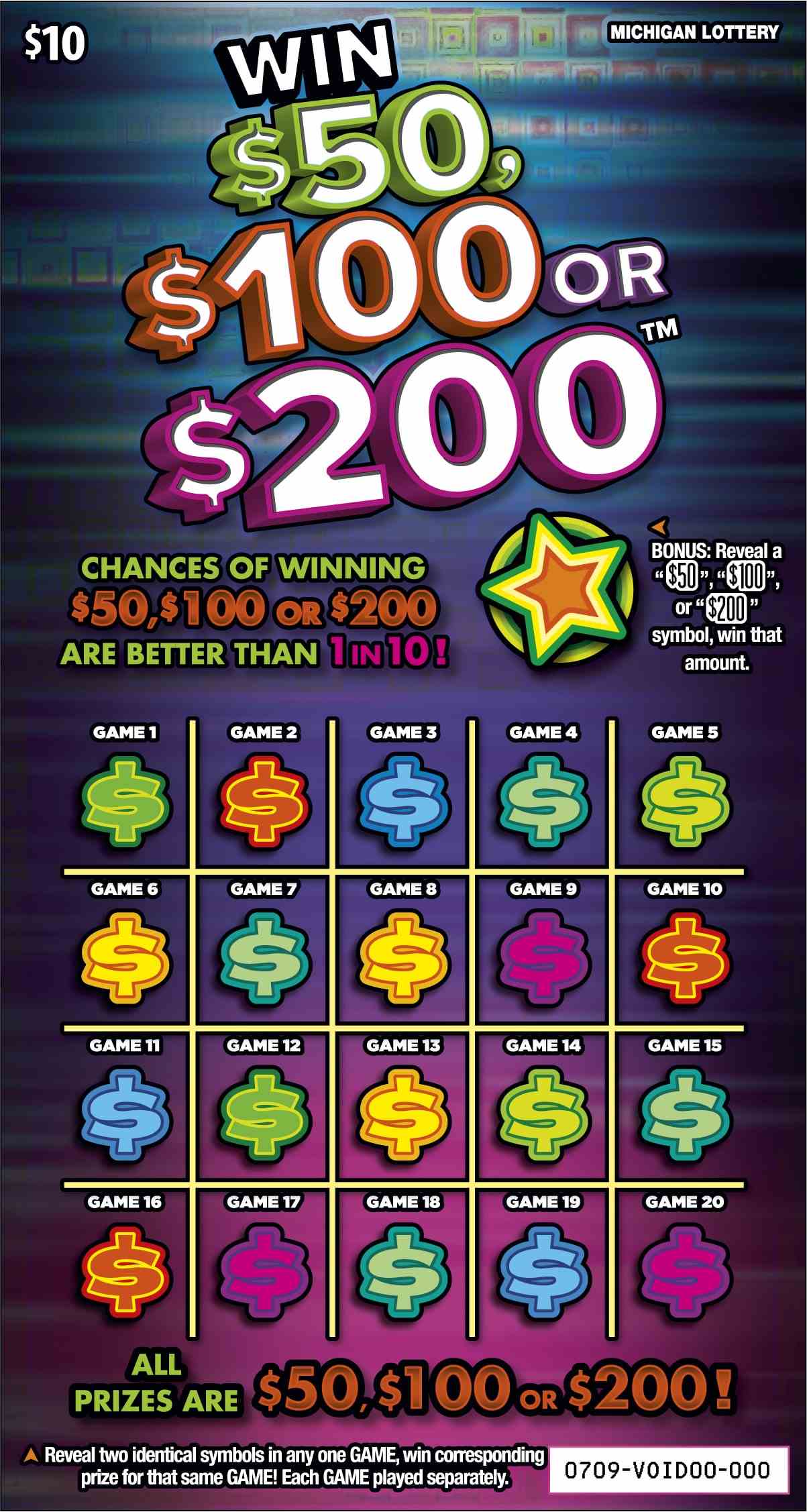 Win $50, $100 or $200 scratchcard - game number #709 - front
