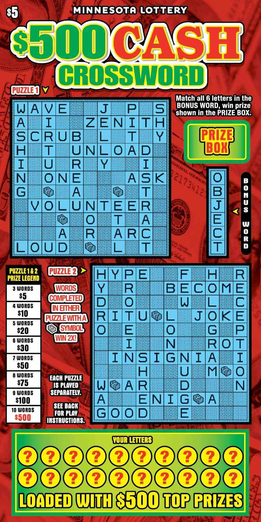 $500 Cash Crossword scratchcard - game number #2105 - front