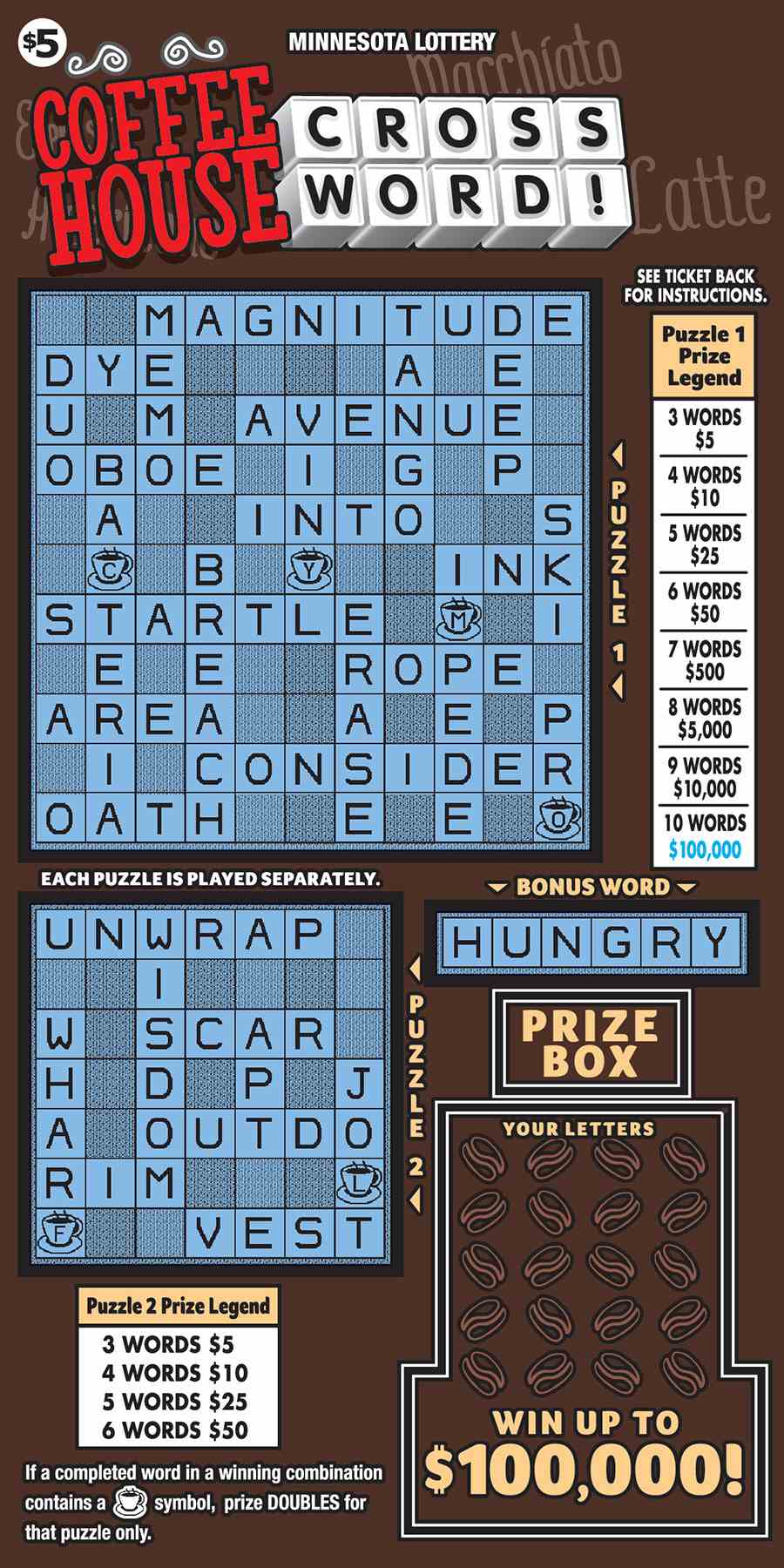 Coffee House Crossword! scratchcard - game number #1940 - front