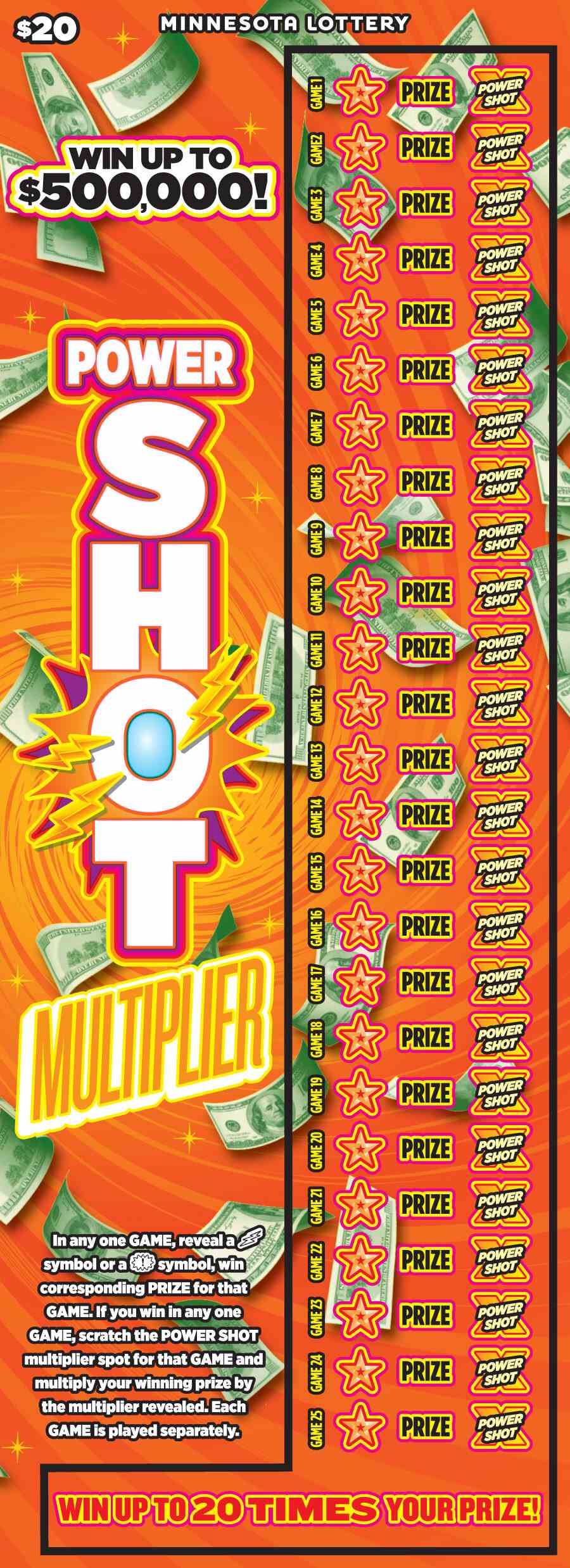 Power Shot Multiplier scratchcard - game number #2070 - front