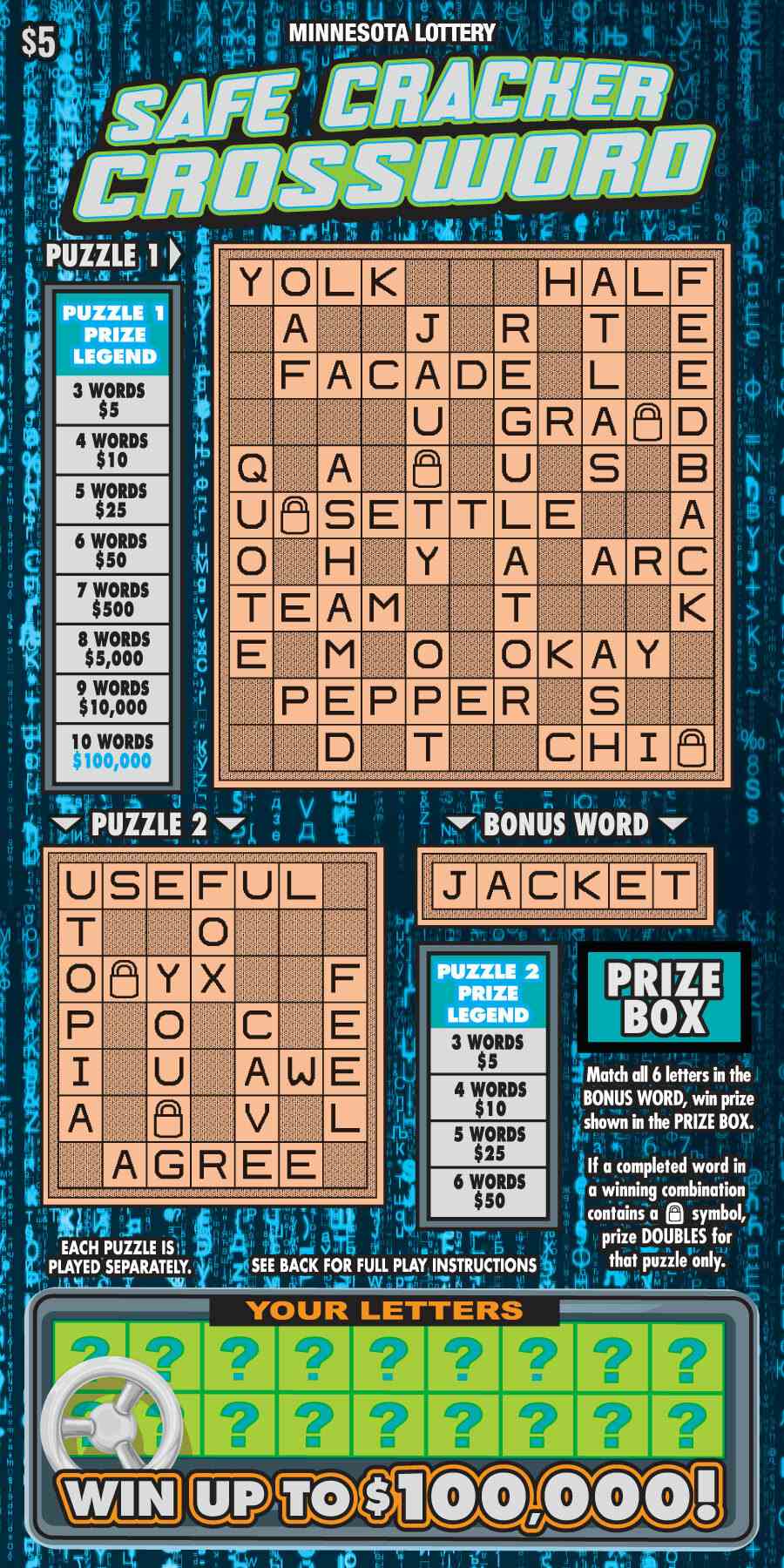 Safe Cracker Crossword scratchcard - game number #2001 - front