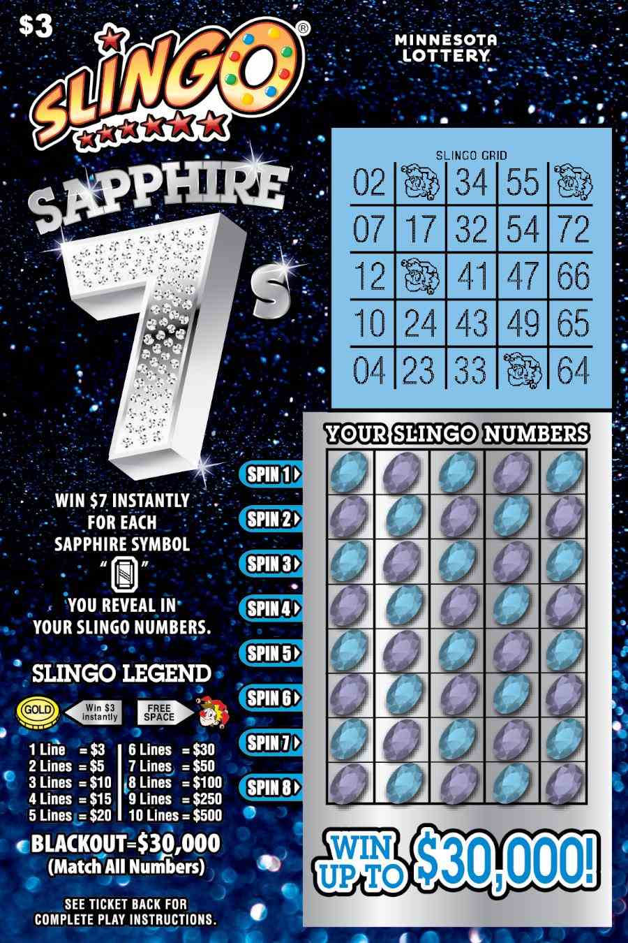 Slingo® Sapphire 7S scratchcard - game number #2102 - front