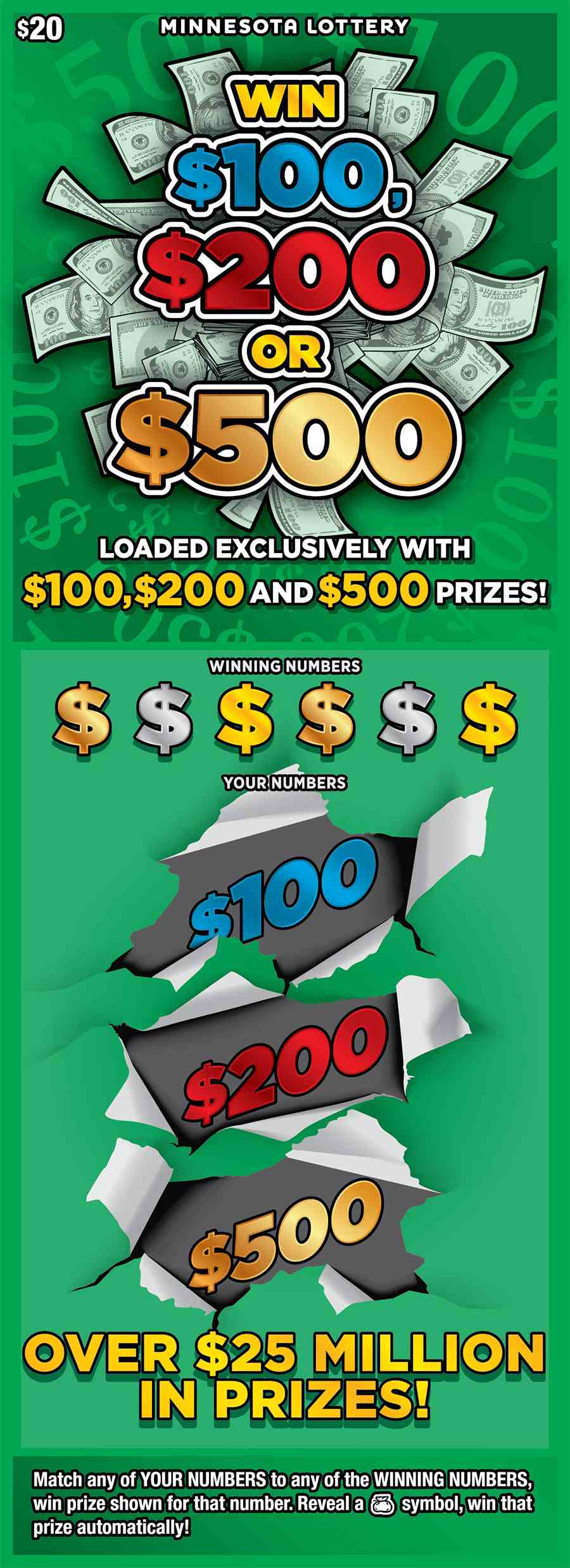 Win $100, $200 Or $500 scratchcard - game number #2095 - front