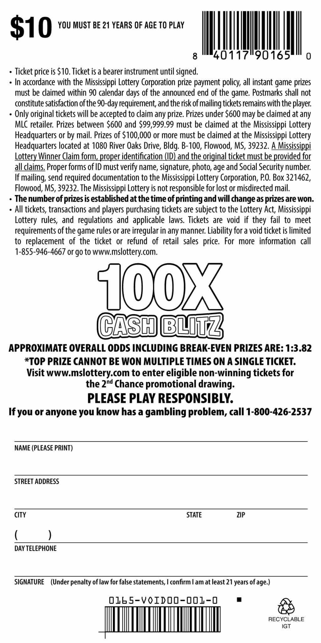 100X Cash Blitz scratchcard - game number #165 - back