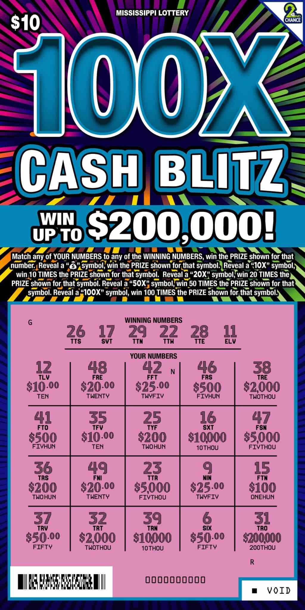 100X Cash Blitz scratchcard - game number #165 - front-scratched