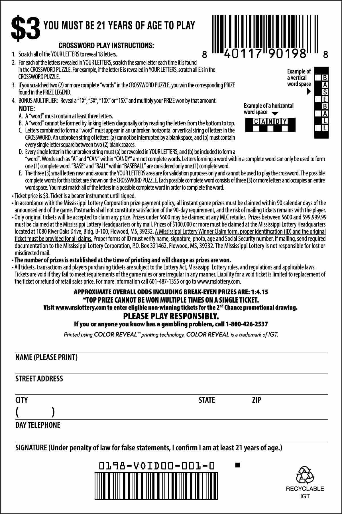 15X Crossword scratchcard - game number #198 - back