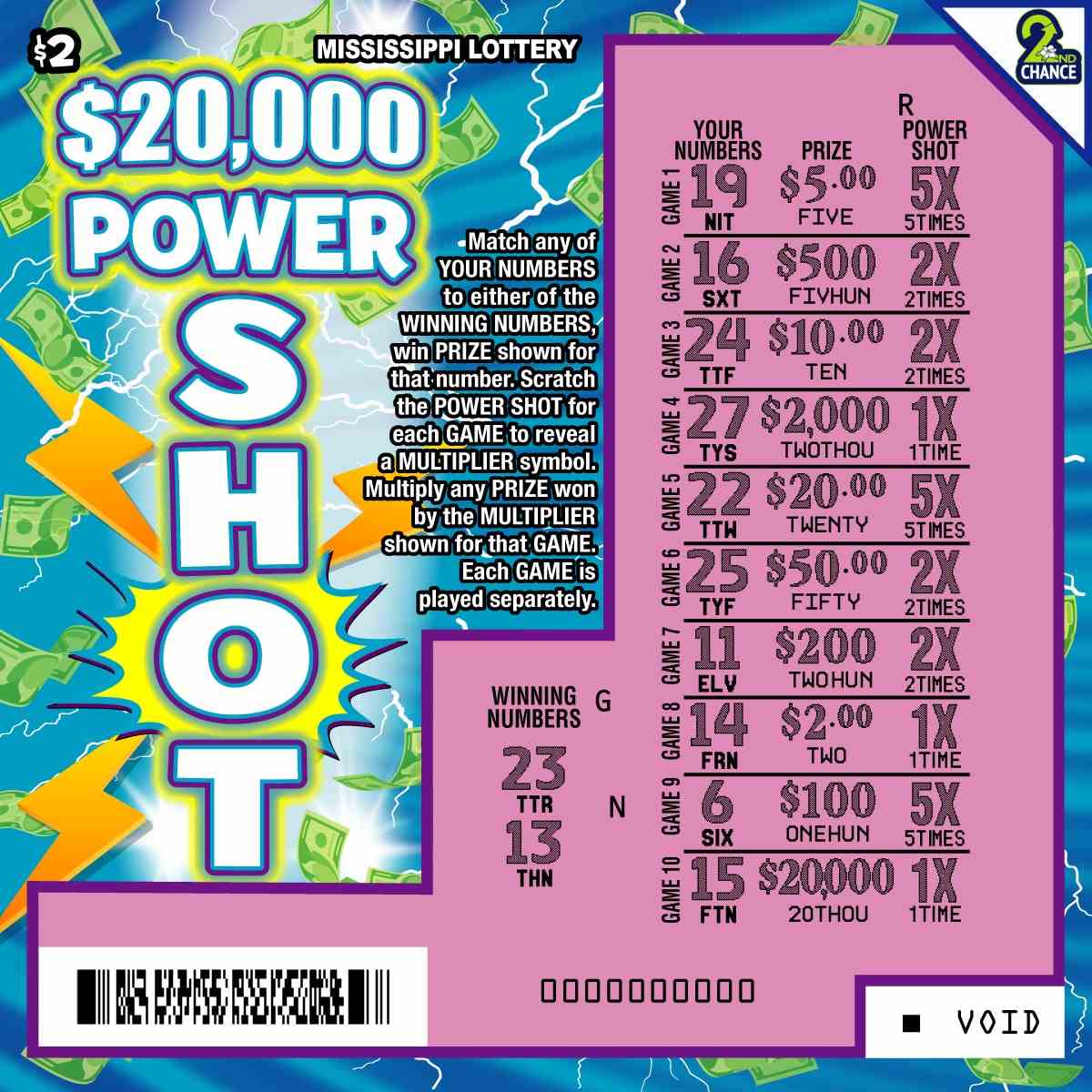 20000 Power Shot scratchcard - game number #179 - front-scratched