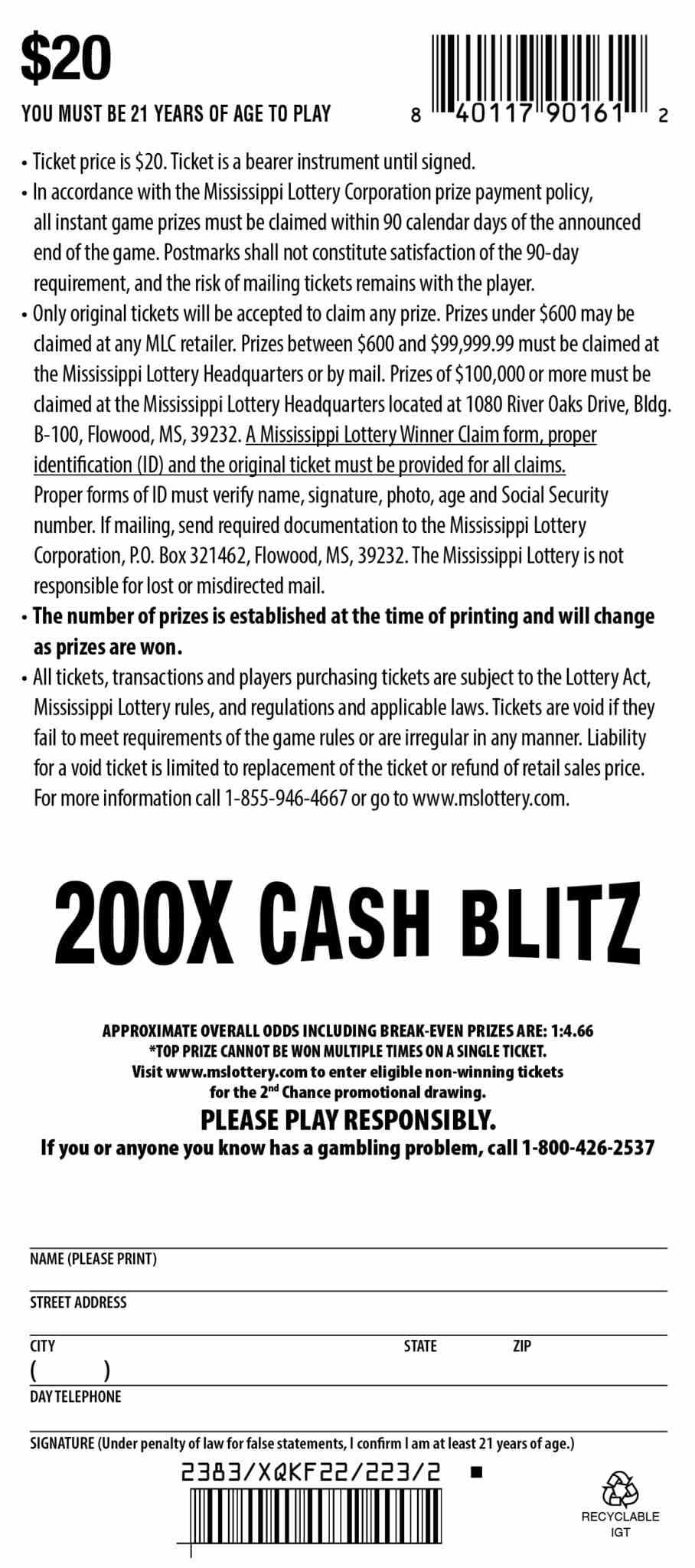 200X Cash Blitz scratchcard - game number #161 - back