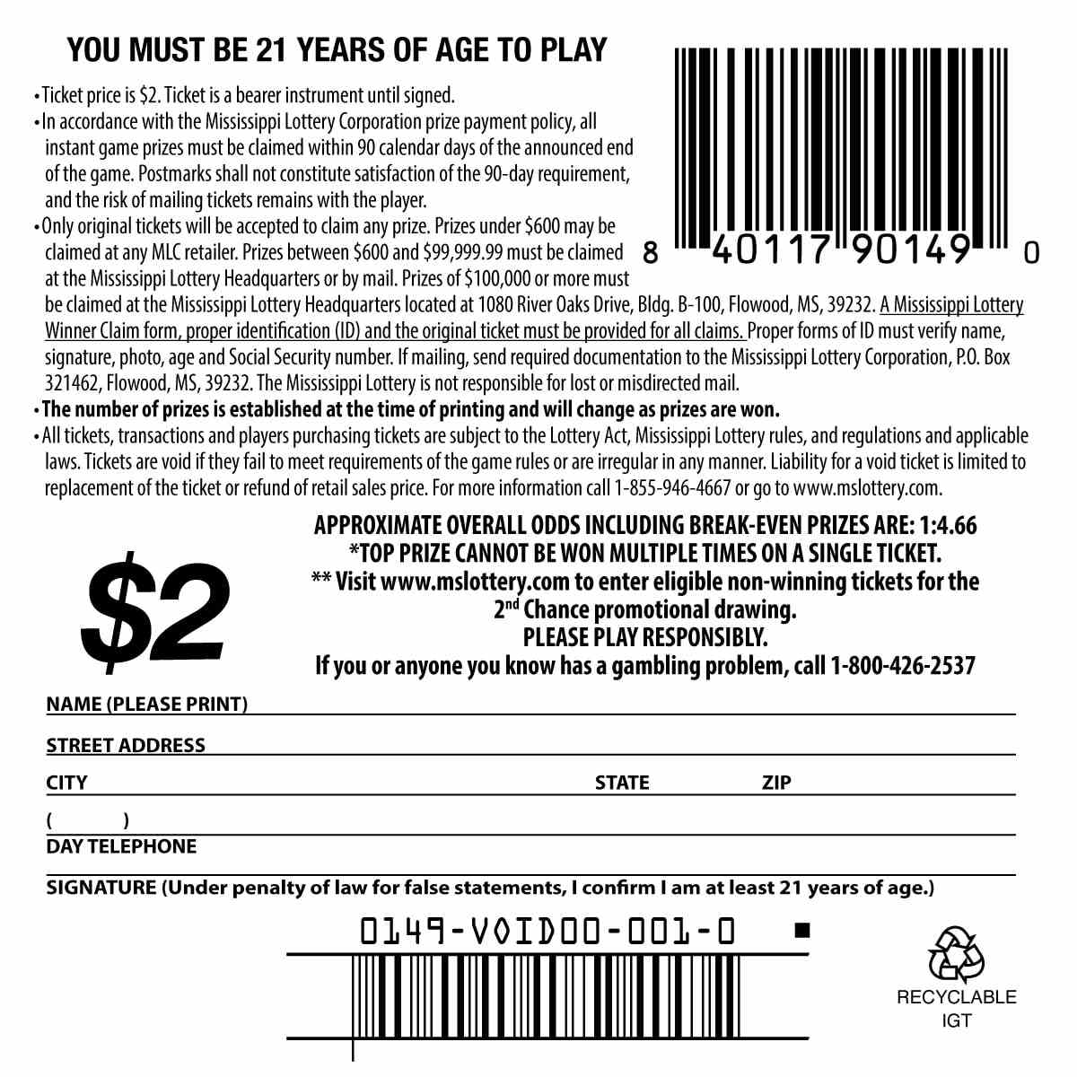 25000 Bonus scratchcard - game number #149 - back