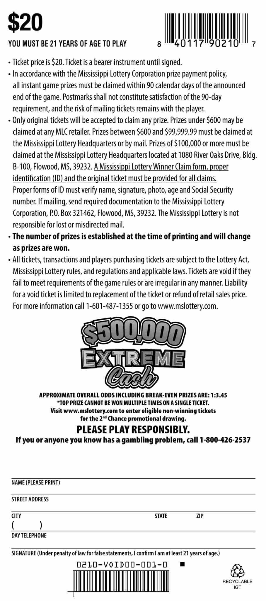 500000 Extreme Cash scratchcard - game number #210 - back