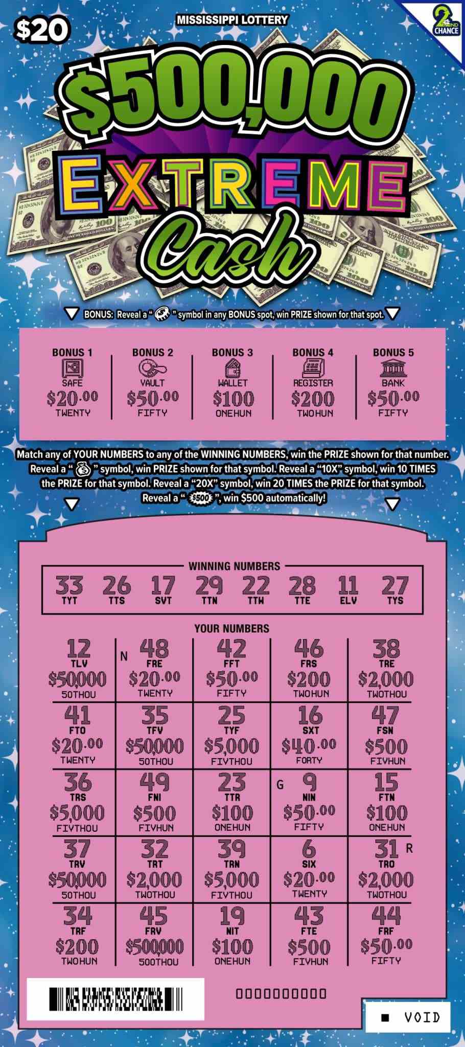 500000 Extreme Cash scratchcard - game number #210 - front-scratched