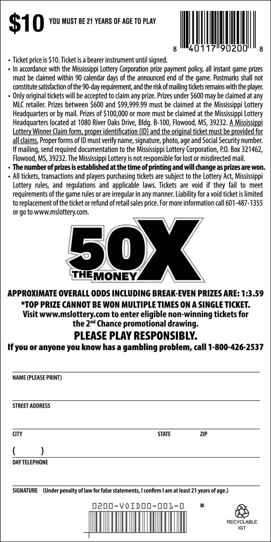 50X The Money scratchcard - game number #200 - back