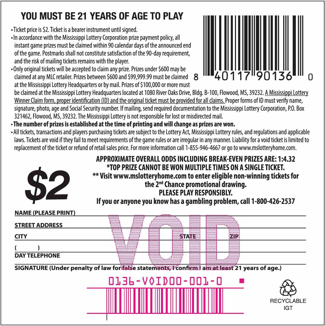 Bankroll Doubler scratchcard - game number #136 - back