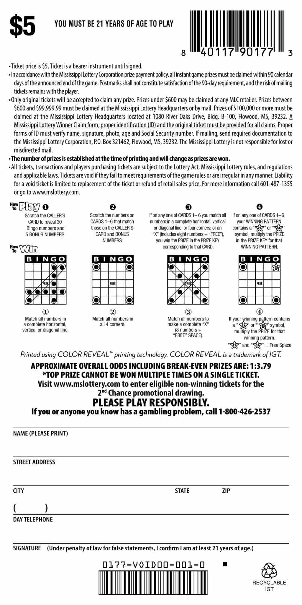 Big Money Bingo scratchcard - game number #177 - back