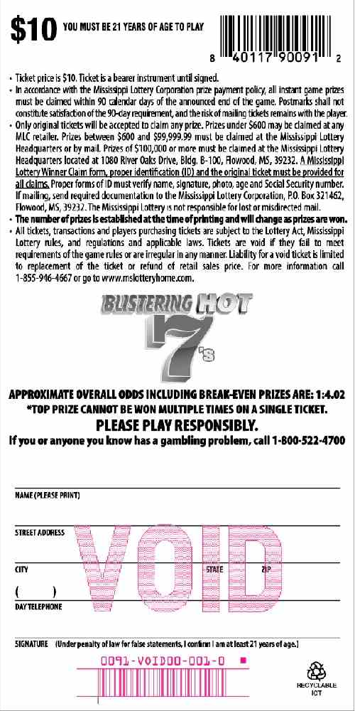 Blistering Hot 7S scratchcard - game number #91 - back